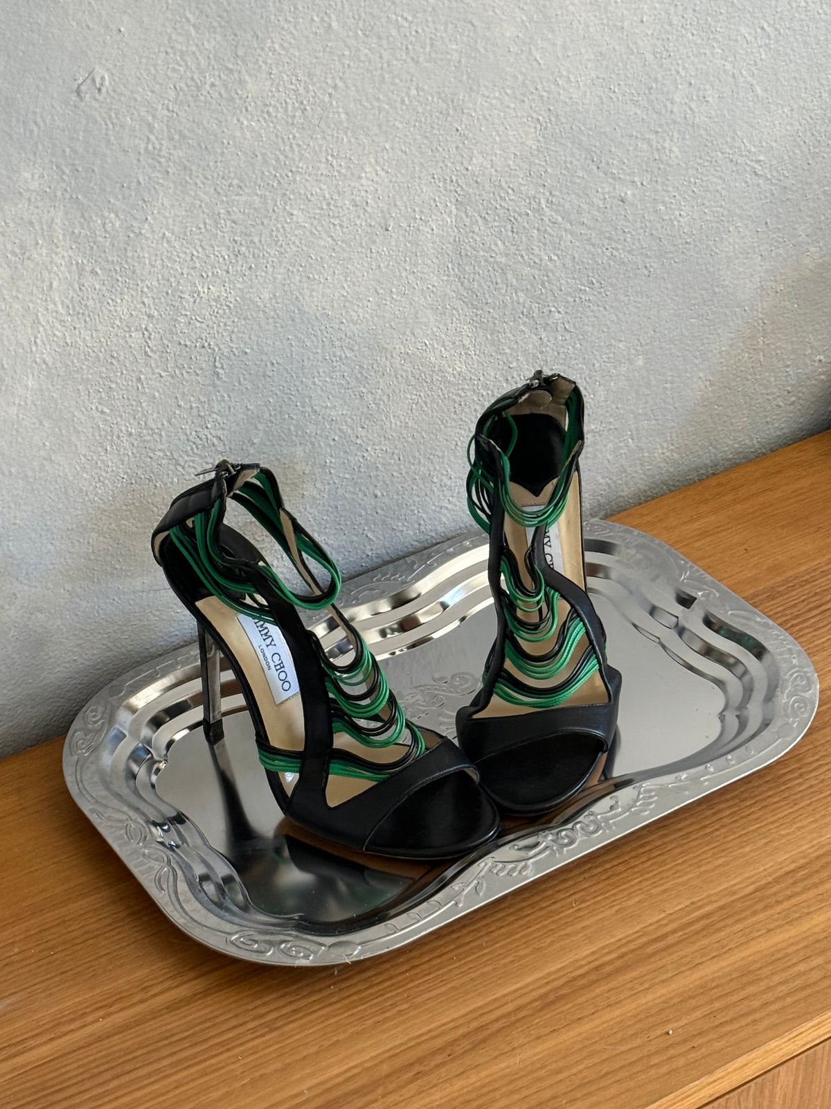 Vintage Jimmy Choo Green & Black Strappy Heels
