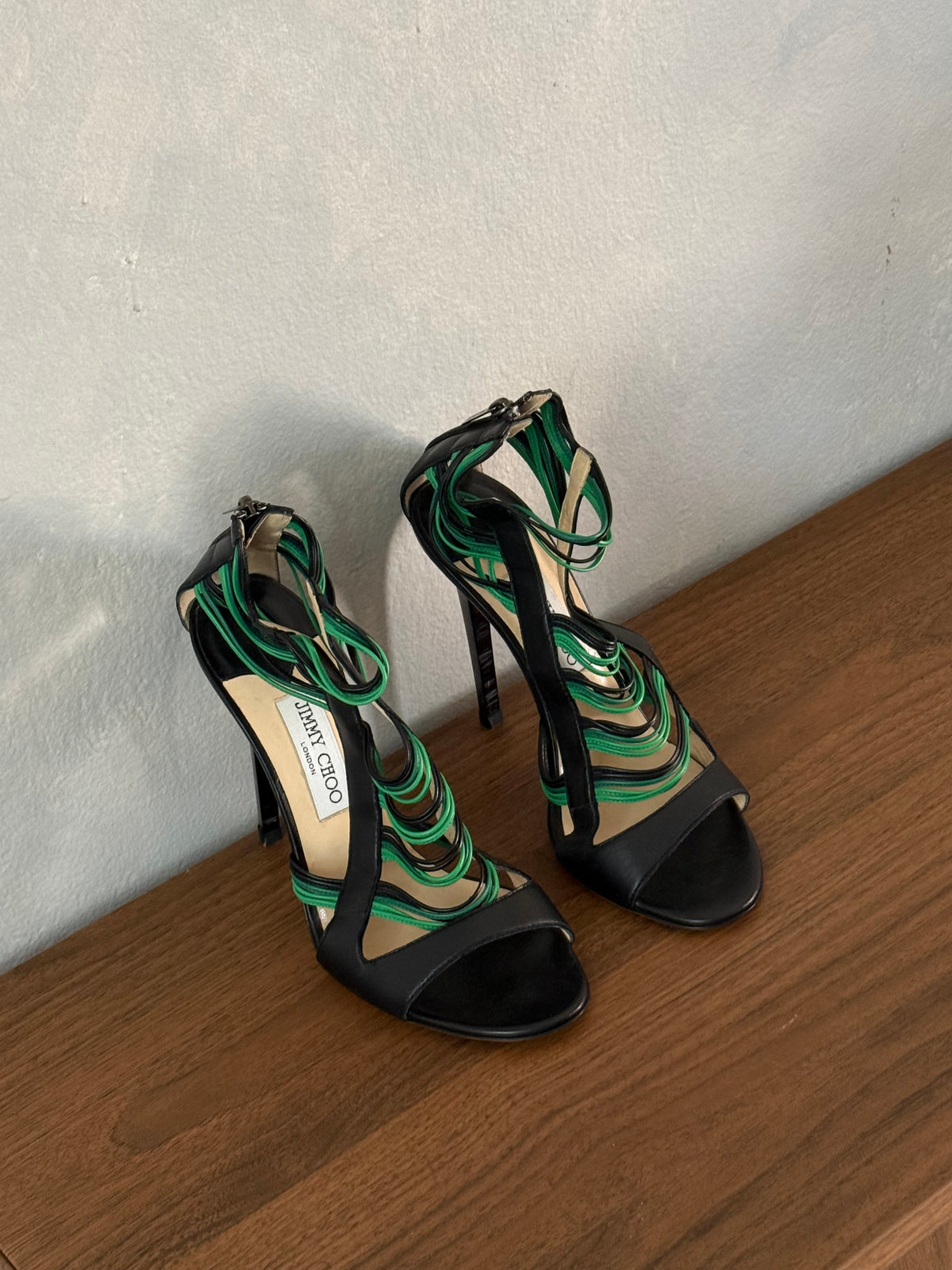 Vintage Jimmy Choo Green & Black Strappy Heels